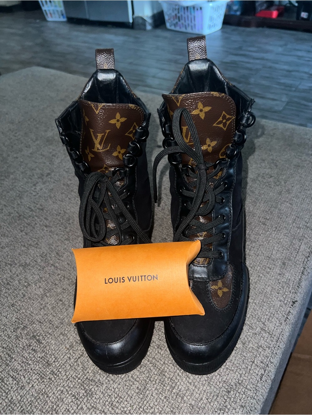 Louis Vuitton Black Leather Lace-Up Ankle Boots with Brown Monogram Accents